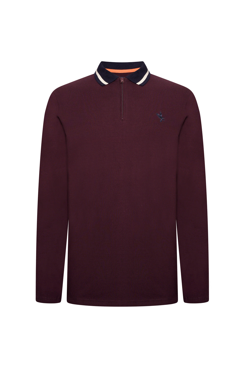 Extra-Tall Grey Hawk Long Sleeve Zip Neck Polo Pique with Chest Badge in Wine RRP £49.50