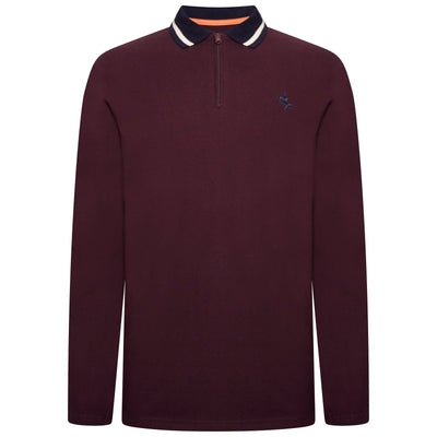 Grey Hawk Long Sleeve Zip Neck Polo Pique with Chest Badge in Wine RRP £49.50