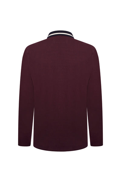 Extra-Tall Grey Hawk Long Sleeve Zip Neck Polo Pique with Chest Badge in Wine RRP £49.50