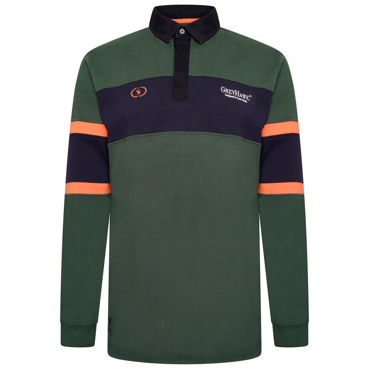 Extra-Tall Grey Hawk Long Sleeve Panel Rugby Polo Shirt in Green RRP £59.50